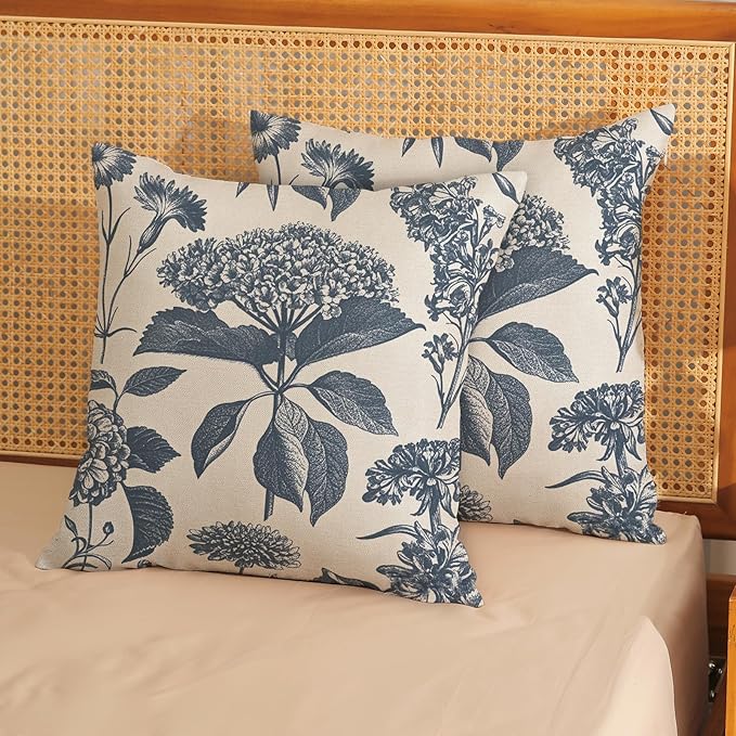 Blue Pillow Covers 20x20 Set of 2 Vintage Boho Floral Hydrangea Herbs Botanical Throw Pillow Cover Outdoor Flower Decoration Pillowcase Linen Farmhouse Cushion Case Decorative for Couch Sofa