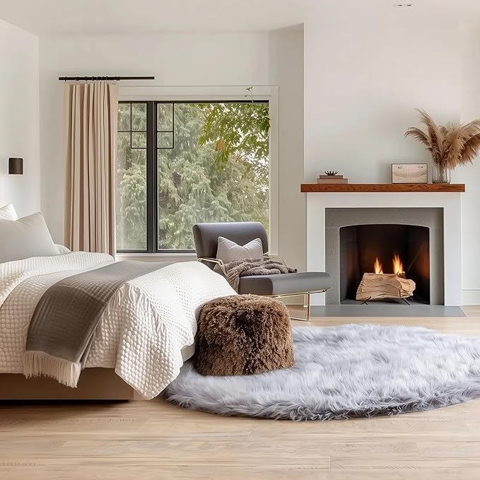 5 ft Round Fluffy Gray Rug – Plush Faux Fur Rug for Bedroom, Living Room, or Nursery – Cozy Faux Sheepskin Home Decor