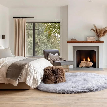 5 ft Round Fluffy Gray Rug – Plush Faux Fur Rug for Bedroom, Living Room, or Nursery – Cozy Faux Sheepskin Home Decor