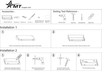 AMT 4 Pack Acrylic Floating Shelves, 15" L x 4" W, Clear Bathroom Wall Shelf, Bookshelves, Invisible Display for Office, Bedroom, Hanging Slots for Bath Sponge & Others Items, Free Screws & Drill Bit