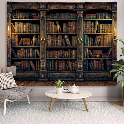 YEXIT Retro Bookshelf Wall Tapestry, Vintage Books Study Library Tapestries for College Dorm Bedroom Magic Caslte Backdrop 44×60 inch