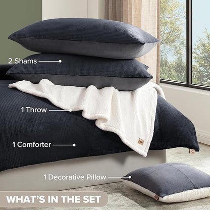UGG Comforter Set 5 Piece Bed in a Bag with Throw Blanket, Decorative Pillow, Shams, and Reversible Comforter Hypoallergenic Washable Luxury Warm Fluffy Bedding Set, Navy Blue, King Size (Remina)