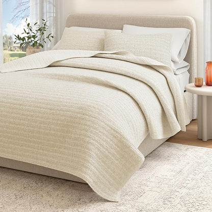 Great Bay Home Full/Queen Size Taupe 100% Cotton Honeycomb Waffle Quilt and Sham Set - Garment Washed, Waffle Weave Like Texture, Lightweight 3-Piece Bedding Set (Natural)