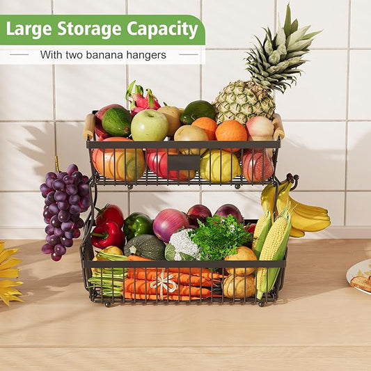 2 Tier Fruit Basket for Kitchen Counter with 2 Banana Hangers, Countertop Metal Bread Basket with Wooden Handle, Large Storage Stand for Vegetables, Snacks, Eggs, Produce Storage – Black