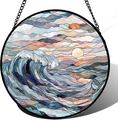 DASTOLL Stained Glass Window Hanging, Sunrise Waves Sun Catchers Diamond Glass Panel Hangings Abstract Suncatcher Decor for Birthday for Women, Men, Wife, Aunt, and Mom 14.9x14.9 in