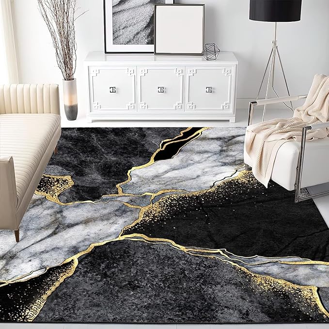 Vintage Abstract Marble Area Rug, Marble Black Gold Non Slip Stain Resistant Print Rugs, Soft Machine Washable Carpet for Indoor Bedroom Living Room Office Decor Rug - 6 ft x 9 ft