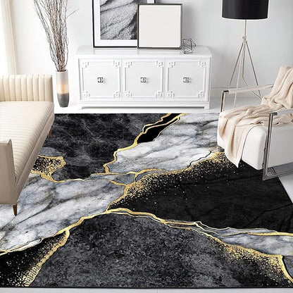 Vintage Abstract Marble Area Rug, Marble Black Gold Non Slip Stain Resistant Print Rugs, Soft Machine Washable Carpet for Indoor Bedroom Living Room Office Decor Rug - 6 ft x 9 ft