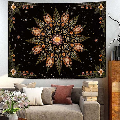 Fowocu Boho Floral Mandala Tapestry for Bedroom Aesthetic Vintage Bohemian Flower Wall Tapestry Black Green Hippie Indian Small Tapestries Wall Hanging for Living Room Dorm Decor 48 x 36 Inch