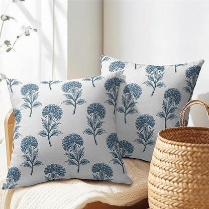 Blue Floral Pillow Covers 24x24 Set of 2 Blue and White Block Print Pattern Rustic Spring Flower Decorative Outdoor Farmhouse Pillowcases Decorations Throw Cushion Cover Decor for Couch Sofa Bed