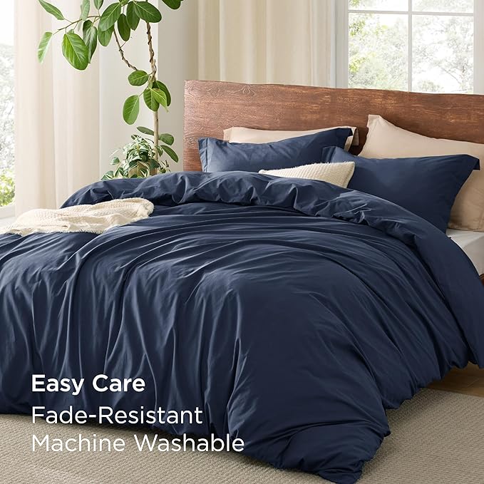 Bedsure 100% Washed Cotton Duvet Cover Queen Size - Navy Minimalist Cotton Duvet Cover Linen Like for All Seasons - GentleSoft™ Plain Simple Bedding (Navy, Queen, 90"x90")