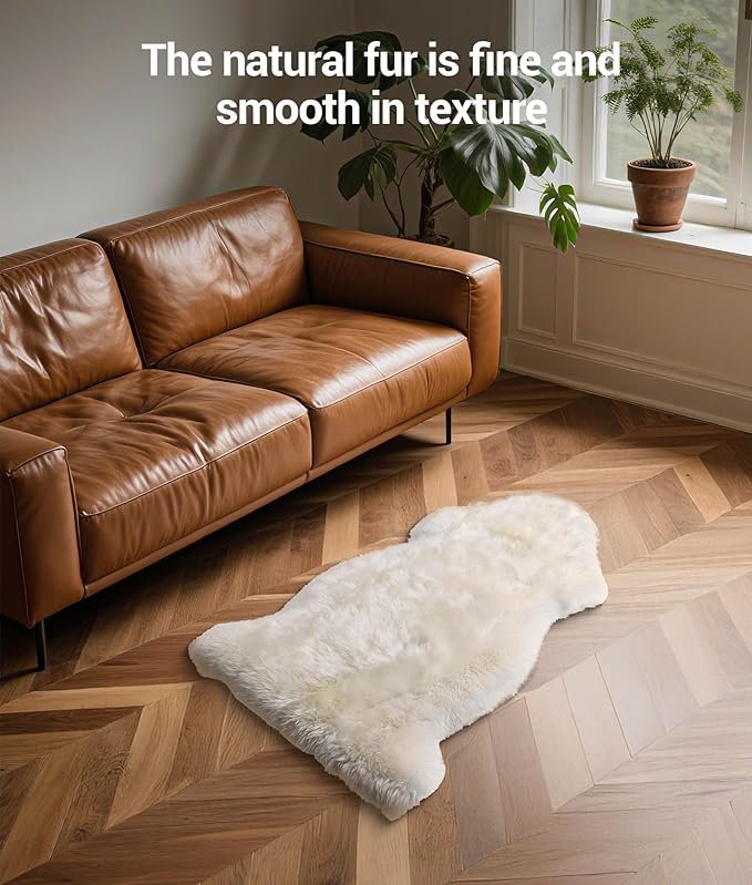 DPB Genuine Sheepskin Area Rug, 100% New Zealand Genuine Natural Luxury Fluffy Lambskin Throw for Sofa Chair Seat Cove Living Room Bedroom (Lvory, 2x3Ft)