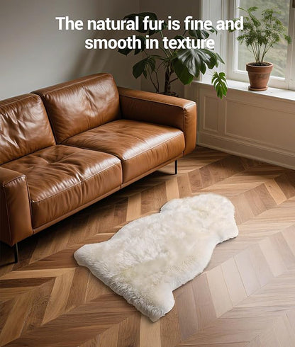 DPB Genuine Sheepskin Area Rug, 100% New Zealand Genuine Natural Luxury Fluffy Lambskin Throw for Sofa Chair Seat Cove Living Room Bedroom (Lvory, 2x3Ft)