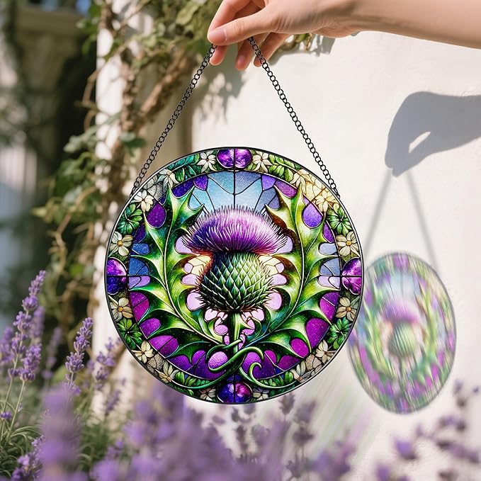 Stained Glass Window Hanging, 8 Inch Thistle Suncatcher, Sun Catchers Indoor Window, Windows Hanging Decor and Holiday, Christmas, Mother's Day, Birthday, Gifts for Mom, Grandma, Friend, Couple, Lover
