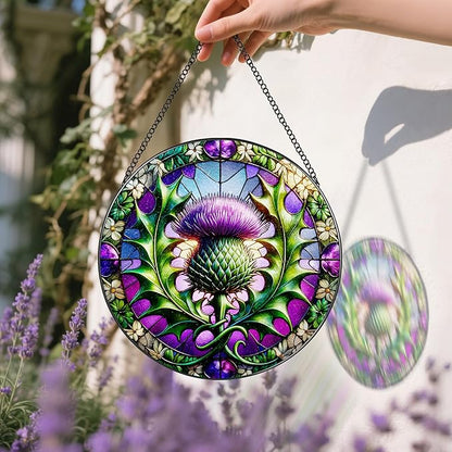 Stained Glass Window Hanging, 8 Inch Thistle Suncatcher, Sun Catchers Indoor Window, Windows Hanging Decor and Holiday, Christmas, Mother's Day, Birthday, Gifts for Mom, Grandma, Friend, Couple, Lover