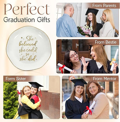 OASSIE Graduation Gifts for Her - 4"x4" Round-Shaped Ceramic Jewelry Dish Tray - Christmas Thank You Inspiration College High School Graduation Gifts for Her Friends Sister Women