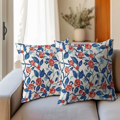 Valentines Day Pillow Covers 16x16 Set of 2 Blue Red Floral Throw Pillow Covers Flower Pillowcase Linen Decoration Farmhouse Holiday Cozy Soft Cushion Case Couch for Indoor Outdoor Home Decor