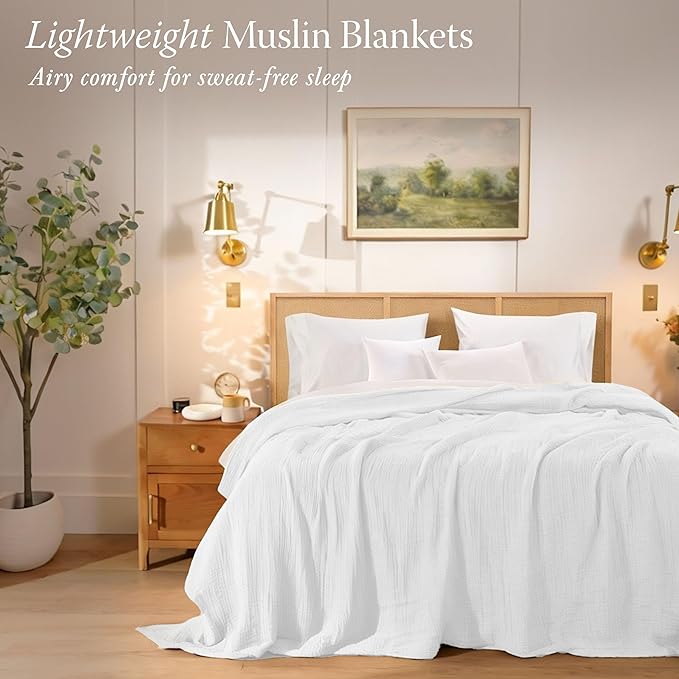 Threadmill Summer Queen Size Blanket| 4 Layer Cotton Gauze | Lightweight, Breathable, and Cozy for All Seasons | Versatile Muslin Blanket for Couch, Bed | White