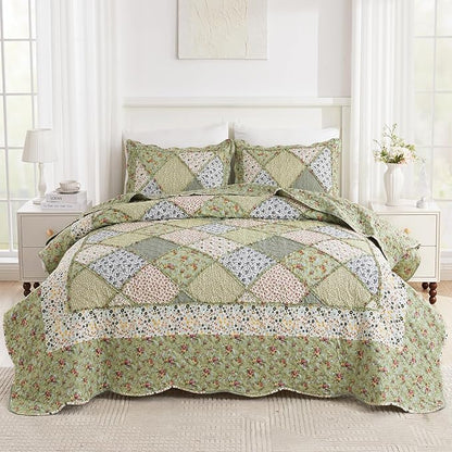 VIVILINEN Full Queen Size Green Patchwork Quilt Set Reversible Quilted Bedspread Coverlet Set 3-Piece Floral Lightweight Comforter Stitched Bedding Set Bed Sheet Set Cover Blanket with 2 Pillow Shams
