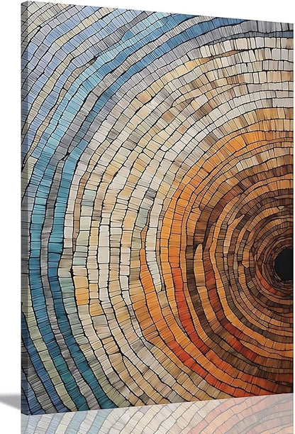IBHJSART Framed Tree Ring Canvas Wall Art Vintage Colorful Wood Stump Painting Prints Modern Minimalist Pictures Neutral Nature Rustic Farmhouse Decor Living Room Bedroom Bathroom Office