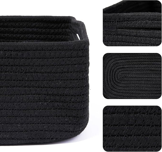 Small Storage Baskets for Organizing | Closet Organizer Bins | Shelf Toy Basket | Woven Rope Baskets | Cube Decorative Box | Shallow Basket | 13x8.5x5.1” | 4 Packs Black