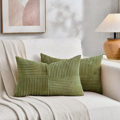 Fancy Homi 2 Packs Moss Green Lumbar Decorative Throw Pillow Covers 16x28 Inch for Living Room Couch Bed, Rustic Farmhouse Boho Home Decor, Soft Striped Corduroy Rectangle Accent Cushion Case 40x70 cm