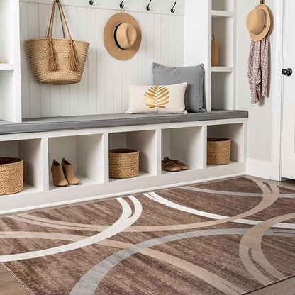 Rugshop Modern Wavy Circles Design Area Rug, Fade-Resistant Carpet for Living Room, Bedroom, or Office, Brown, 5'3" x 7'3"