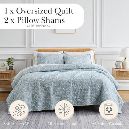 Southshore Fine Living, Inc. Farmhouse Quilts Queen Size, Quilt Bedding Set, Lightweight Coverlet Bedspread Full Size, 3-Piece Boho Quilt Set with Two Matching Pillow Shams, Full/Queen, Blue Paisley