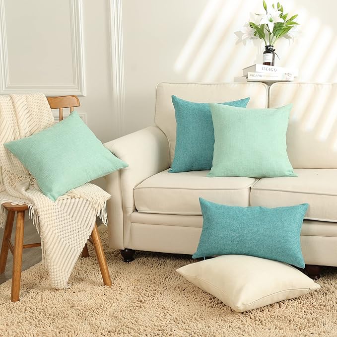 Stellhome Burlap Large Throw Pillow Covers Textured Farmhouse Linen Pillowcase for Bed Couch Sofa Bench Rustic Pillows Neutral Accent Cushion Cases Set of 2, 24 x 24 inch (60 x 60 cm), Blue Green