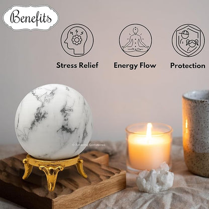 Amazing Gemstone Howlite Crystal Ball with Stand - 1.5 Inches Crystal Sphere Meditation Balls for Witchcraft and Decorative Balls