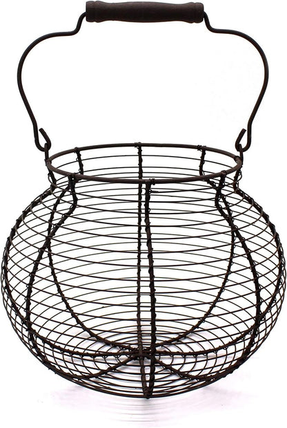 CVHOMEDECO. Antique Wire Egg Basket with Wood Handle Primitives Vintage Gathering Basket. Rusty
