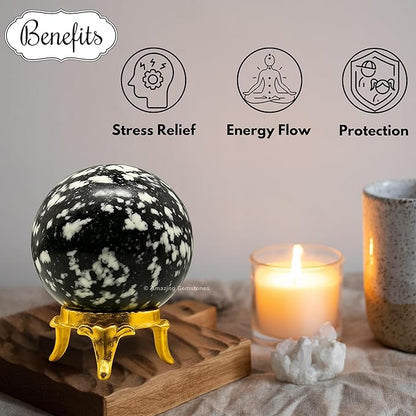 Amazing Gemstone White and Black Tourmaline Crystal Ball with Stand - 1.5 Inches Crystal Sphere Meditation Balls for Witchcraft and Decorative Balls