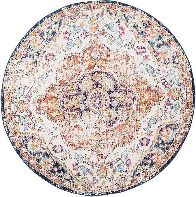 Rugshop Vintage Distressed Bohemian Area Rug for Living Room,Bedroom,Dining Room– Vibrant Multi-Color Tribal Design, 8' Round