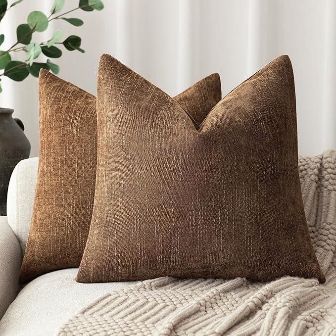 Foindtower Set of 2 Soft Textured Chenille Throw Decorative Pillow Covers Square Accent Solid Cushion Cover Cozy Neutral Farmhouse Pillow Case for Couch Sofa Bedroom Living Room 24x24 Inch,Dark Bronze