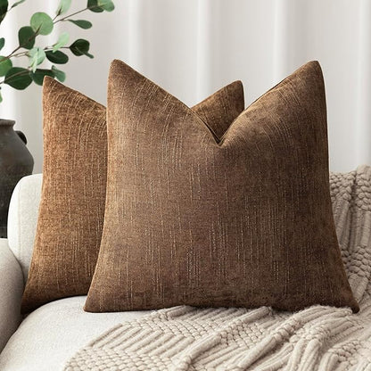Foindtower Set of 2 Soft Textured Chenille Throw Decorative Pillow Covers Square Accent Solid Cushion Cover Cozy Neutral Farmhouse Pillow Case for Couch Sofa Bedroom Living Room 24x24 Inch,Dark Bronze