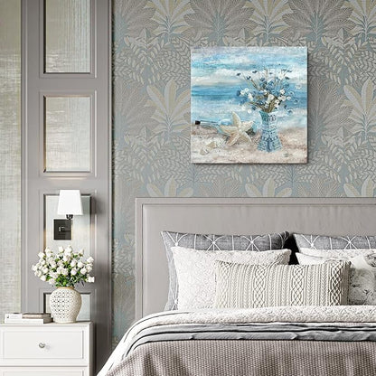 Beach Wall Art for Living Room Blue Ocean Theme Canvas Print Modern Abstract Coastal Picture Seascape Painting Daisy Flower in Indian Vase Framed Artwork for Seaside Bedroom Bathroom Office 24x24inch