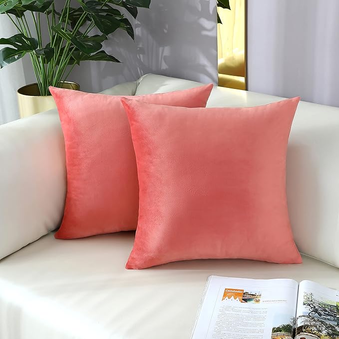 mixeoo Comfy Salmon Pink Throw Pillow Covers Decorative Square Solid Velvet Super Soft Cushion Cases Home Decor for Sofa Couch, Set of 2, 18 x 18 Inch