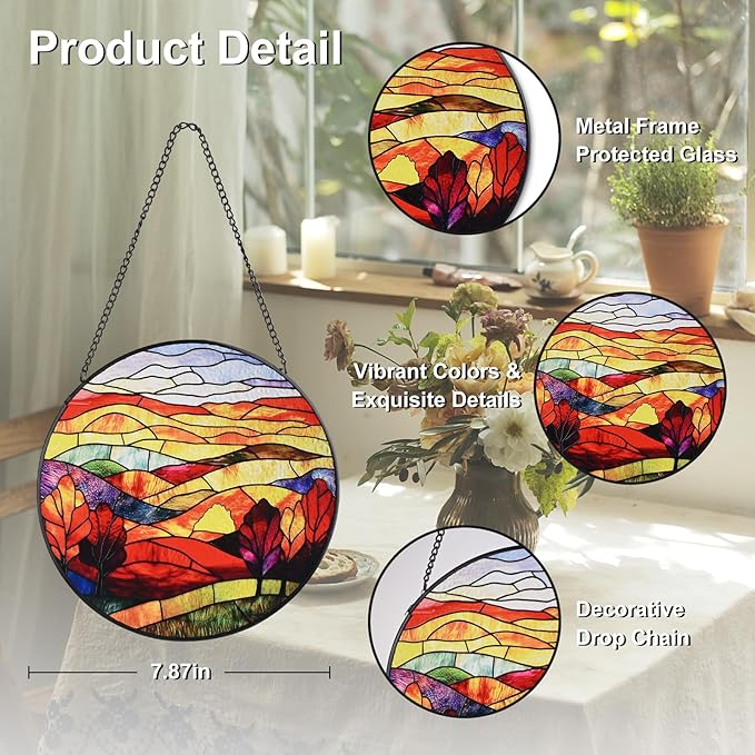 Mountains Rivers Stained Glass Window Hanging, 7.8" Round Sun Catcher Hand Painted Wall Art Decor with Chain, Unique Housewarming Gifts for Couples, Home