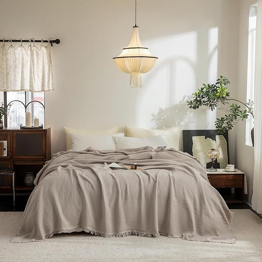 FOSSA Muslin Blanket with Fringe - 4-Layer 100% Cotton Gauze Super Soft & Breathable Throw -Lightweight Decorative Cooling Blanket for Bed, Sofa, Office - Super King Size 108" × 98" (Beige Gray)