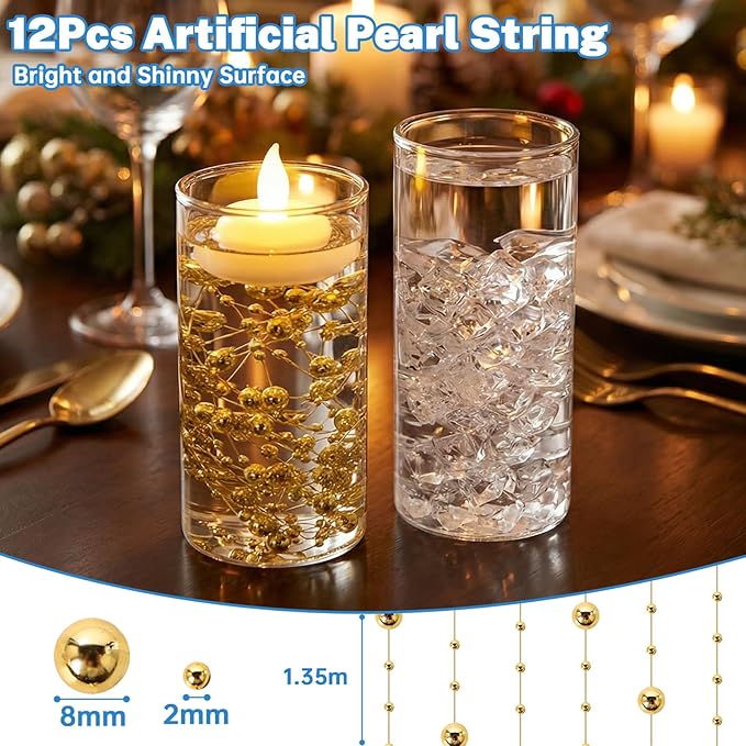 9Pcs Glass Cylinder Vases with Floating Candles for Centerpieces, 1150 Acrylic Fake Ice Cubes 12 Pearl String Vase Filler Floating Candle Holder Centerpieces for Tables Party Event Wedding Home Decor