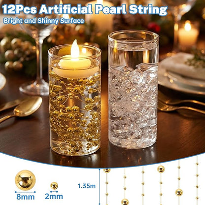 9Pcs Glass Cylinder Vases with Floating Candles for Centerpieces, 1150 Acrylic Fake Ice Cubes 12 Pearl String Vase Filler Floating Candle Holder Centerpieces for Tables Party Event Wedding Home Decor