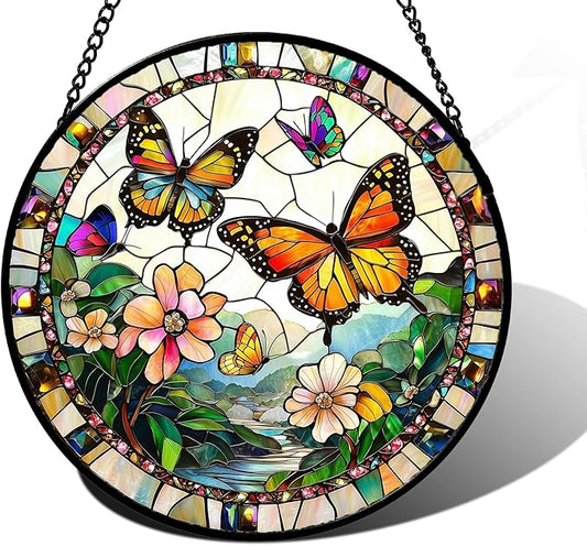 DASTOLL Stained Glass Window Hanging, Butterflies Flying in The Sky Suncatcher for Doors Home Sun Catchers Decoration and Christmas, Mother's Day Birthday Gifts for Women, Men, and Mom 11.8x11.8 in