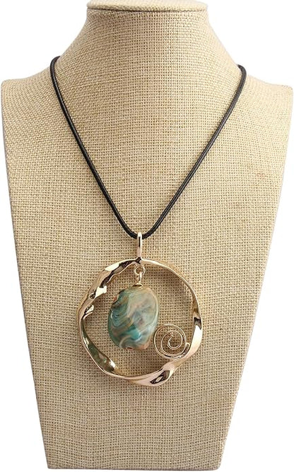 Leather Necklace for Women Boho Choker Necklace Long Cord Leather Pendant Bohemian Neckalce Vintage Alloy Pendant Leather Rope Necklace Wooden Necklaces for Women