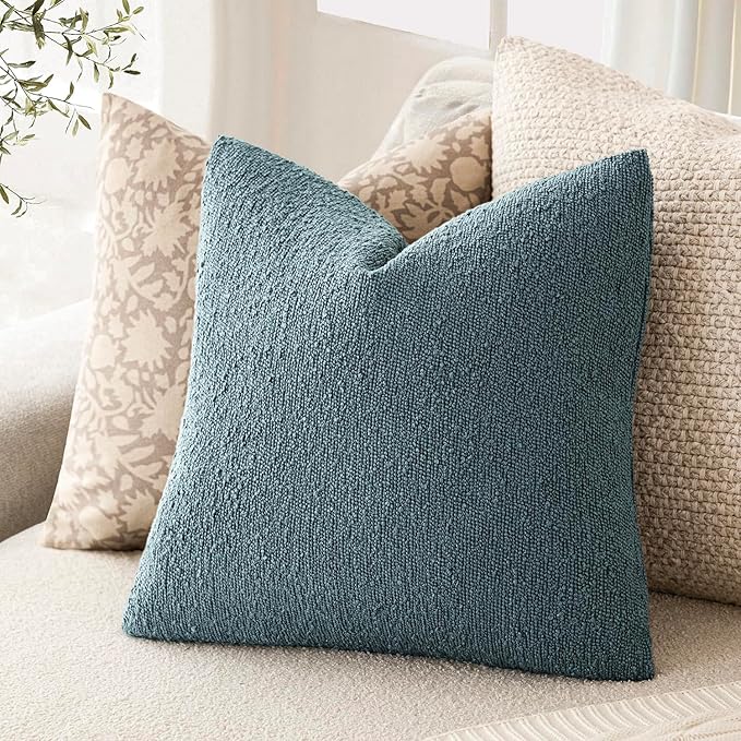 Foindtower Decorative Textured Boucle Throw Pillow Covers Accent Solid Pillow Cases Neutral Soft Cozy Couch Cushion Case for Chair Sofa Bedroom Living Room Home Decor 26x26 Inch,1PC,Misty Blue