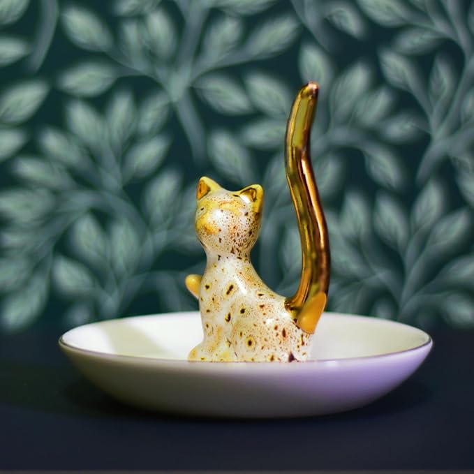 Happy Cat Natural Pattern Glazed Plated Gold Ceramic Elegant Engagement Wedding Rings Trinket Dish