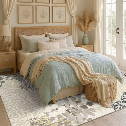 DEXDE Washable Area Rugs 6x9 for Living Room, Floral Large Rug Boho Print Vintage Low Pile Non Slip Carpet for Bedroom Kids Room Nursery Office Dinning Room, Gray