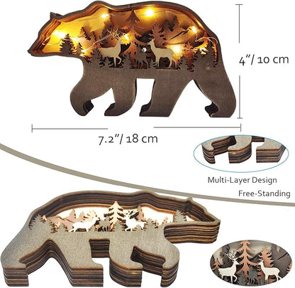 Light Up Bear Art Decor Wooden Brown Bear Figurine with LED Home Shelf Desk Decorations Rustic Multi-Layer Bear Crafts