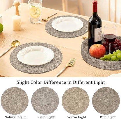 Round Placemats Set of 6 with Holder, Cotton Rope Woven Place Mats, Hot Pads for Kitchen, Heat Resistant Table Mats, 13 Inch Farmhouse Washable Braided Placemat for Kitchen Decor (Brown)