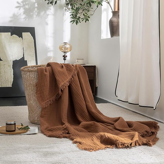 FOSSA Muslin Blanket with Fringe - 4-Layer 100% Cotton Gauze Super Soft & Breathable Throw -Lightweight Decorative Cooling Blanket for Bed, Sofa, Office -Twin XL Size 66" × 90" (Dark Orange)
