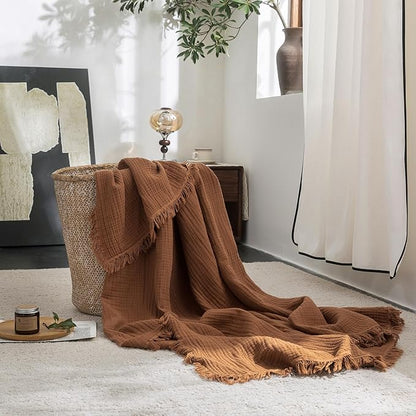 FOSSA Muslin Blanket with Fringe - 4-Layer 100% Cotton Gauze Super Soft & Breathable Throw -Lightweight Decorative Cooling Blanket for Bed, Sofa, Office -Twin XL Size 66" × 90" (Dark Orange)