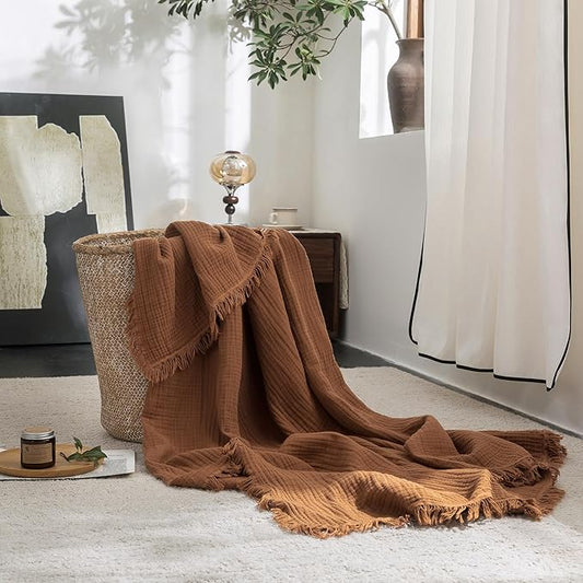FOSSA Muslin Blanket with Fringe - 4-Layer 100% Cotton Gauze Super Soft & Breathable Throw -Lightweight Decorative Cooling Blanket for Bed, Sofa, Office -Twin XL Size 66" × 90" (Dark Orange)